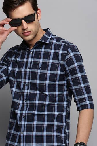 men's long sleeves tartan checks navy blue shirt