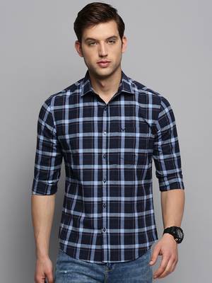 men's long sleeves tartan checks navy blue shirt 2
