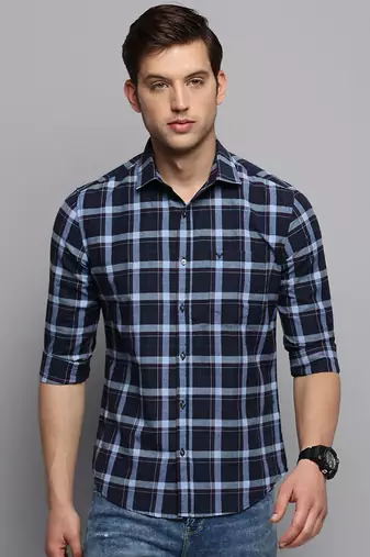 men's long sleeves tartan checks navy blue shirt