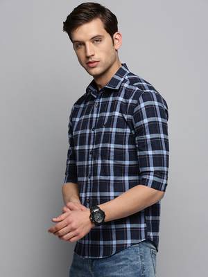 men's long sleeves tartan checks navy blue shirt 3