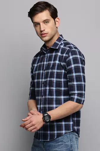 men's long sleeves tartan checks navy blue shirt