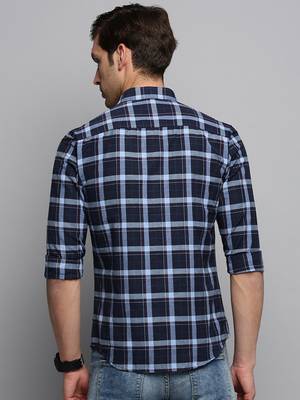 men's long sleeves tartan checks navy blue shirt 4