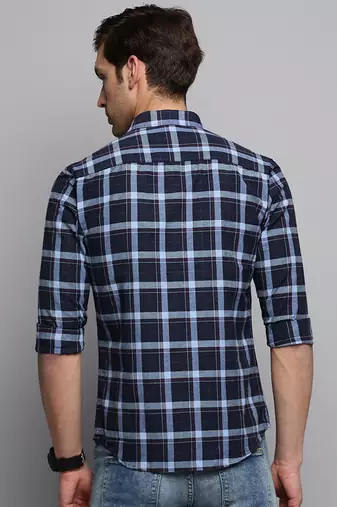 men's long sleeves tartan checks navy blue shirt