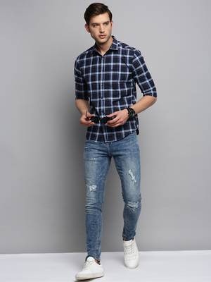 men's long sleeves tartan checks navy blue shirt 5