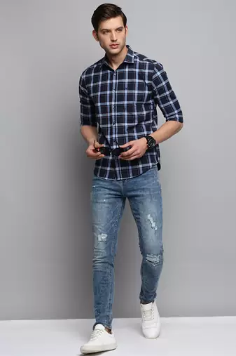 men's long sleeves tartan checks navy blue shirt