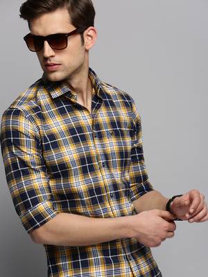 men's long sleeves tartan checks navy blue shirt 1