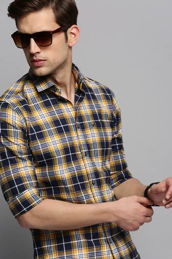 men's long sleeves tartan checks navy blue shirt
