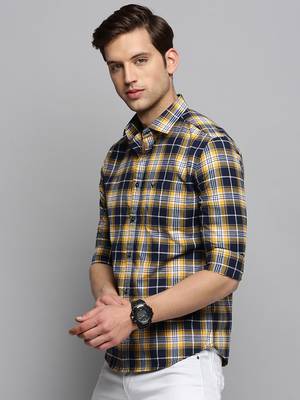 men's long sleeves tartan checks navy blue shirt 3