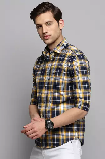 men's long sleeves tartan checks navy blue shirt