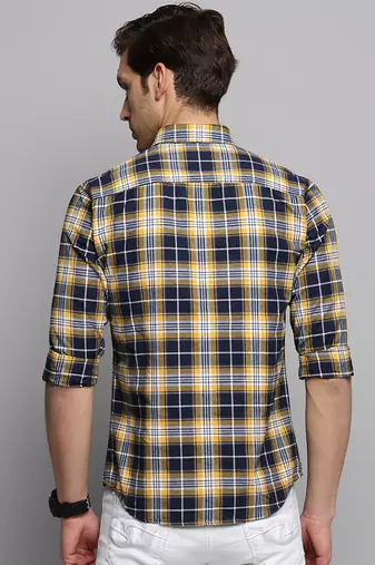 men's long sleeves tartan checks navy blue shirt