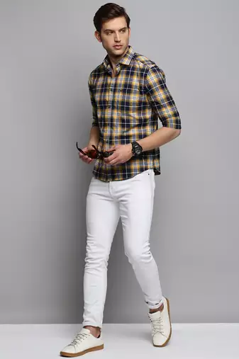 men's long sleeves tartan checks navy blue shirt