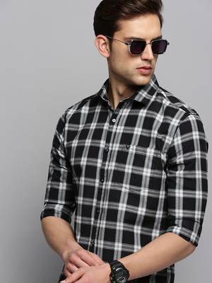 men's long sleeves tartan checks black shirt 1