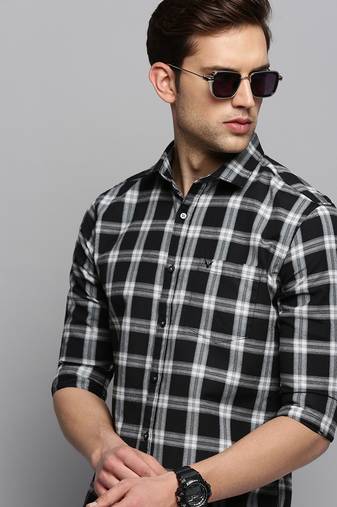 men's long sleeves tartan checks black shirt