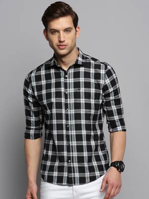 men's long sleeves tartan checks black shirt 2