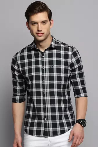 men's long sleeves tartan checks black shirt