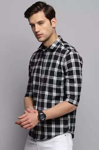 men's long sleeves tartan checks black shirt