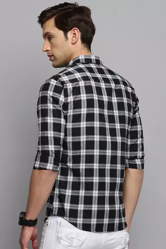men's long sleeves tartan checks black shirt