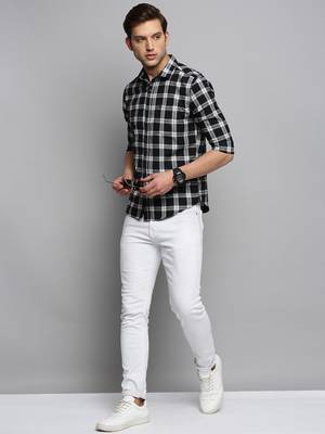 men's long sleeves tartan checks black shirt 5