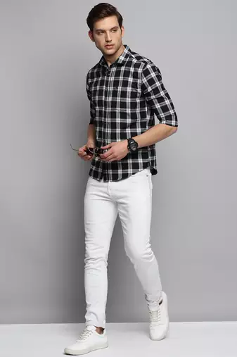 men's long sleeves tartan checks black shirt