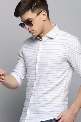 men's long sleeves horizontal stripes white shirt