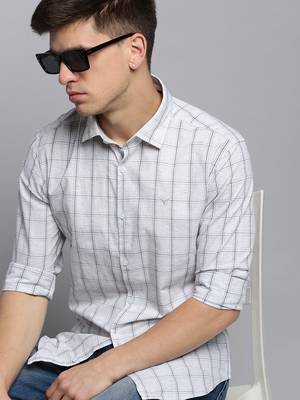 men's long sleeves windowpane checks grey melange shirt 1