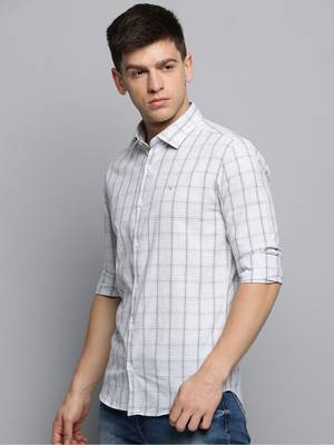 men's long sleeves windowpane checks grey melange shirt 3
