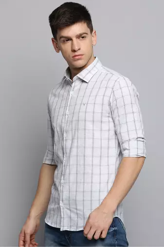 men's long sleeves windowpane checks grey melange shirt