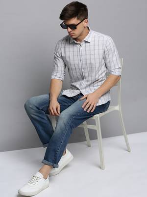 men's long sleeves windowpane checks grey melange shirt 5