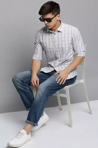 men's long sleeves windowpane checks grey melange shirt