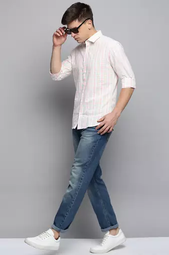 men's long sleeves checked white shirt