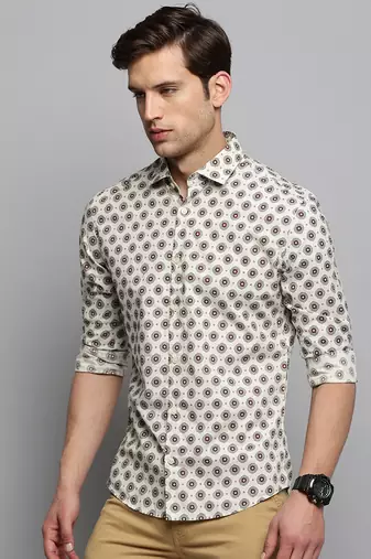 men's long sleeves floral cream shirt