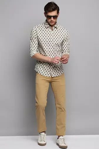 men's long sleeves floral cream shirt