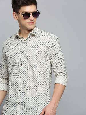 men's long sleeves geometric cream shirt 1