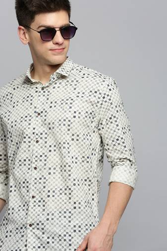 men's long sleeves geometric cream shirt
