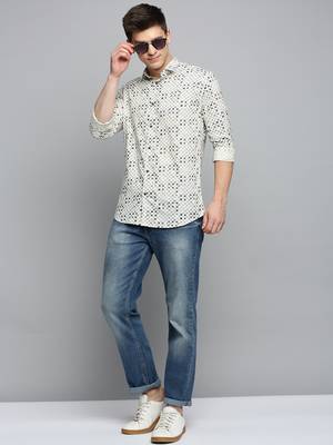 men's long sleeves geometric cream shirt 5