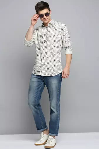 men's long sleeves geometric cream shirt