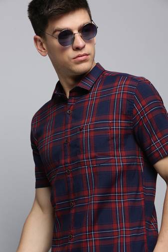 men's short sleeves tartan checks navy blue shirt
