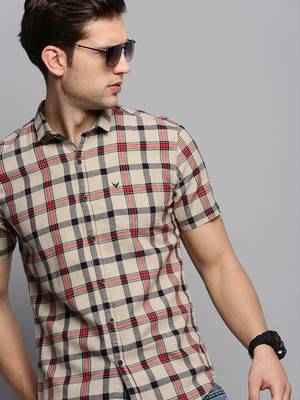 Showoff men's short sleeves tartan checks beige shirt 1