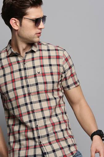 Showoff men's short sleeves tartan checks beige shirt