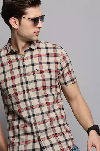 Showoff men's short sleeves tartan checks beige shirt