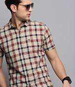 Showoff men's short sleeves tartan checks beige shirt