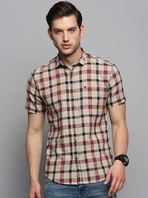 Showoff men's short sleeves tartan checks beige shirt 2