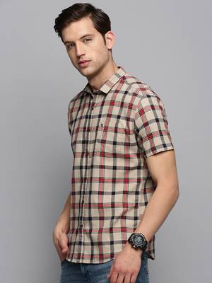 Showoff men's short sleeves tartan checks beige shirt 3