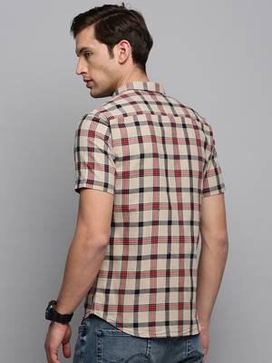 Showoff men's short sleeves tartan checks beige shirt 4