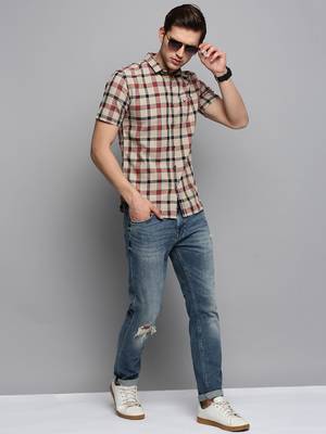 Showoff men's short sleeves tartan checks beige shirt 5
