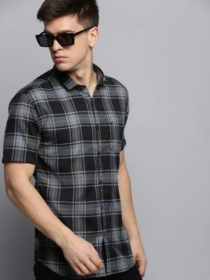 men's short sleeves tartan checks grey shirt 1
