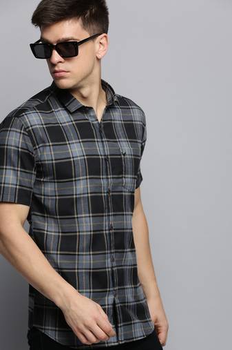 men's short sleeves tartan checks grey shirt