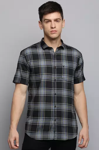 men's short sleeves tartan checks grey shirt