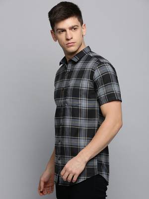 men's short sleeves tartan checks grey shirt 3