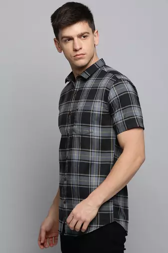 men's short sleeves tartan checks grey shirt